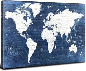 Vintage World Map Wall Art Modern Office Wall Decor Rustic Wall Maps Picture Prints for Walls, Navy Blue Wall Decor Abstract Map Poster Painting Artwork for Living Room Bedroom Home Decoration 12x16”