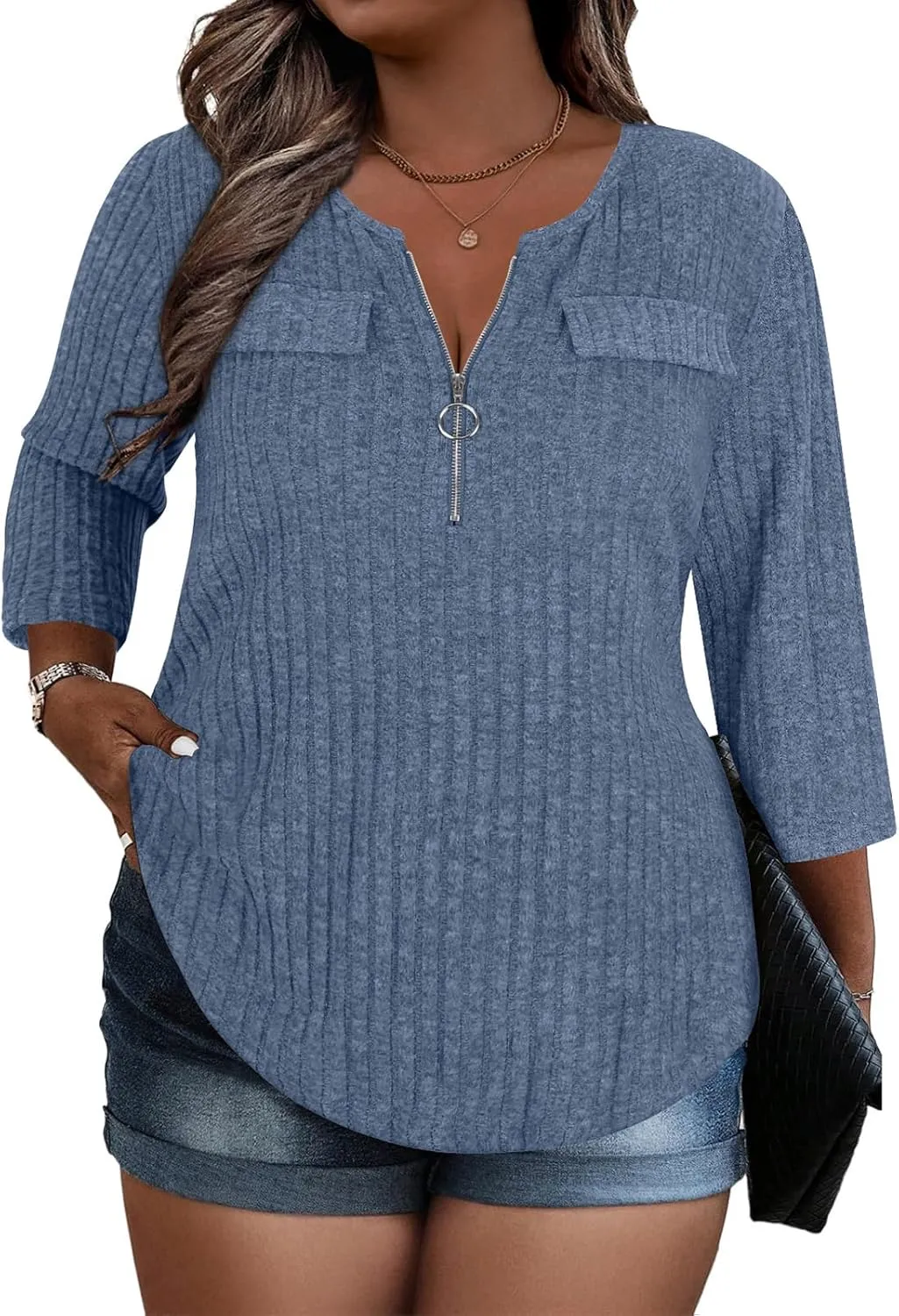 Viracy Women Plus Size Sweaters 3/4 Sleeve Zip V Neck Ribbed Solid Color Casual Blouses Tops XL-5XL