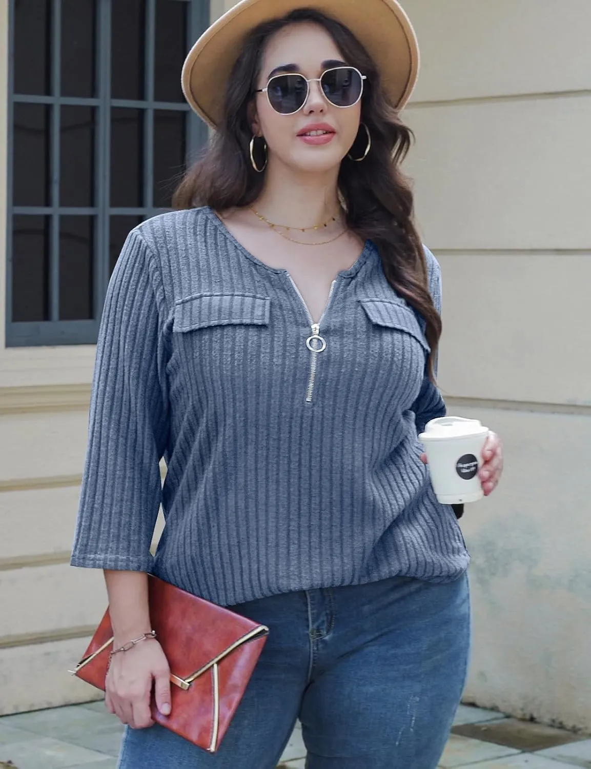 Viracy Women Plus Size Sweaters 3/4 Sleeve Zip V Neck Ribbed Solid Color Casual Blouses Tops XL-5XL