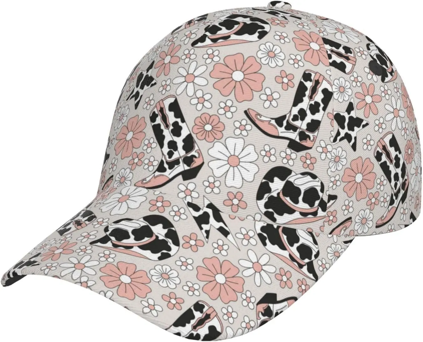 VOSERY Baseball Cap Women Men- Cow Print Cowboy Hat Boots Flower Adjustable for Baseball hat Women and Men Black
