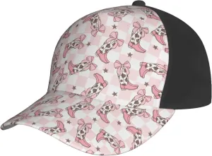 VOSERY Mens Womens Baseball Caps, Pink Checkerboard Cowgirl Boots Adjustable Golf Hats Baseball Cap for Men Women Dad Trucker
