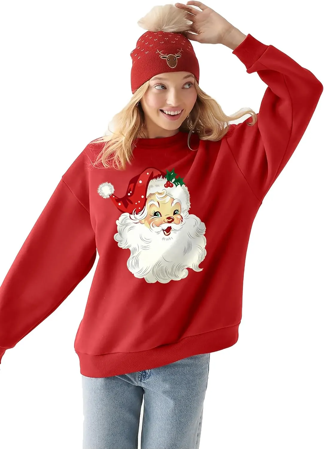 VVNTY Christmas Sweatshirts for Women Retro Santa Claus Graphic Long Sleeve Shirt Xmas Pullover Tops