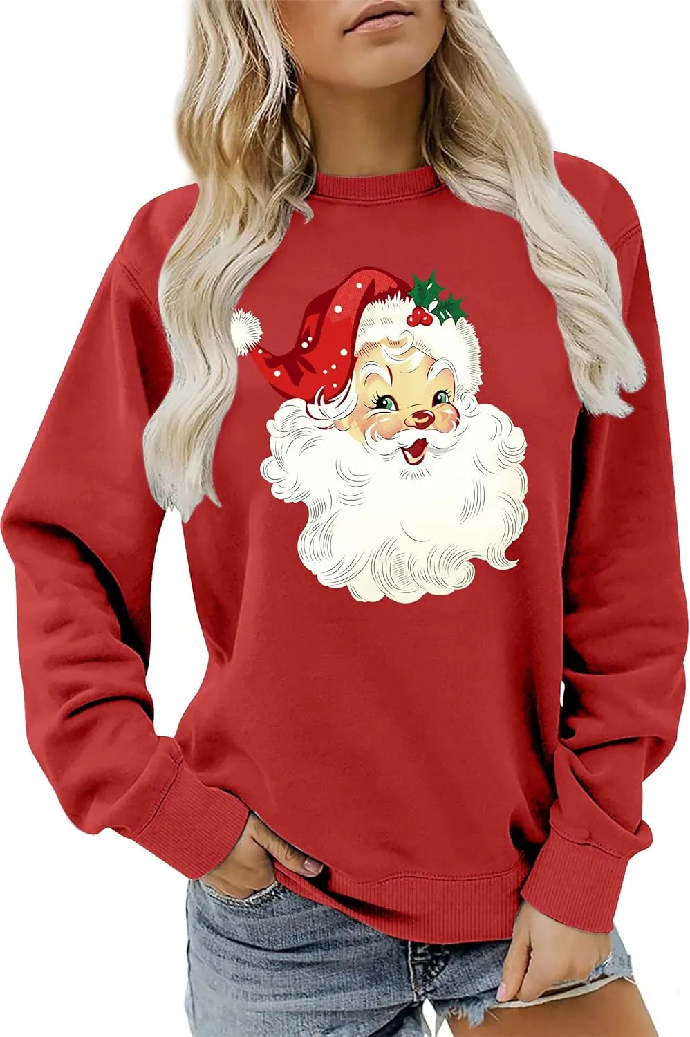 VVNTY Christmas Sweatshirts for Women Retro Santa Claus Graphic Long Sleeve Shirt Xmas Pullover Tops