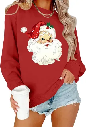 VVNTY Christmas Sweatshirts for Women Retro Santa Claus Graphic Long Sleeve Shirt Xmas Pullover Tops