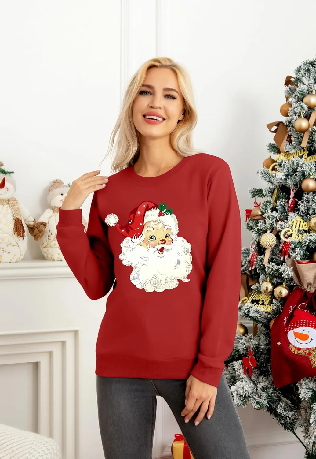 VVNTY Christmas Sweatshirts for Women Retro Santa Claus Graphic Long Sleeve Shirt Xmas Pullover Tops