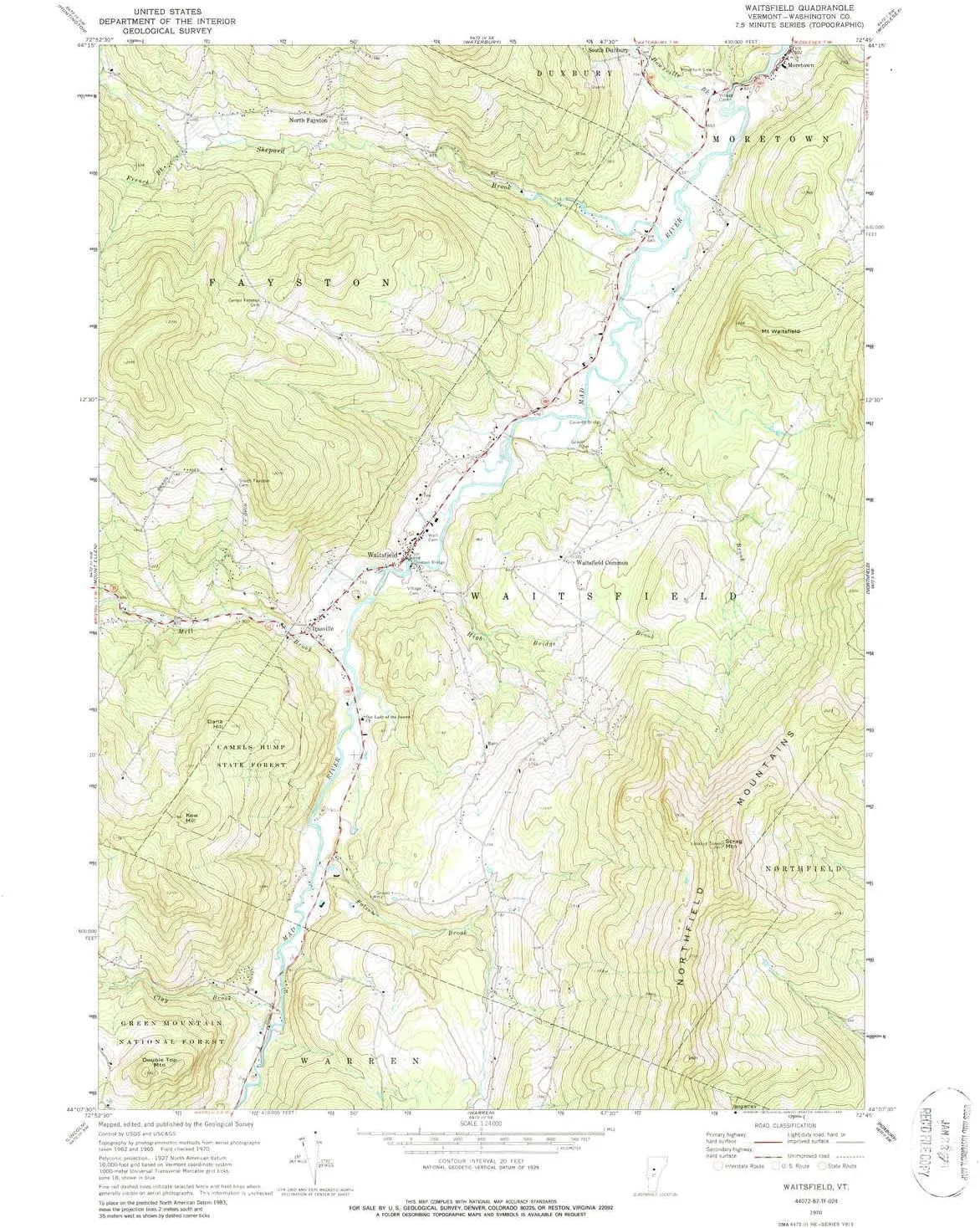 Waitsfield VT topo map, 1:24000 Scale, 7.5 X 7.5 Minute, Historical, 1970, Updated 1988, 26.9 x 22 in