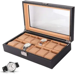 Watch Box 12 Slot Watch Case Organizer Storage Box PU Leather Real Glass Lid Watch Display Case Watch Organizer Watches Storage Case Birthday Presents