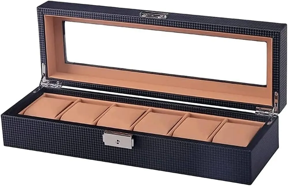 Watch Box, Watch Case for Men Women 6 Slots Wood Storage Watch Case Organizer with Glass Display Top Exquisite and Durable (6 Grids)
