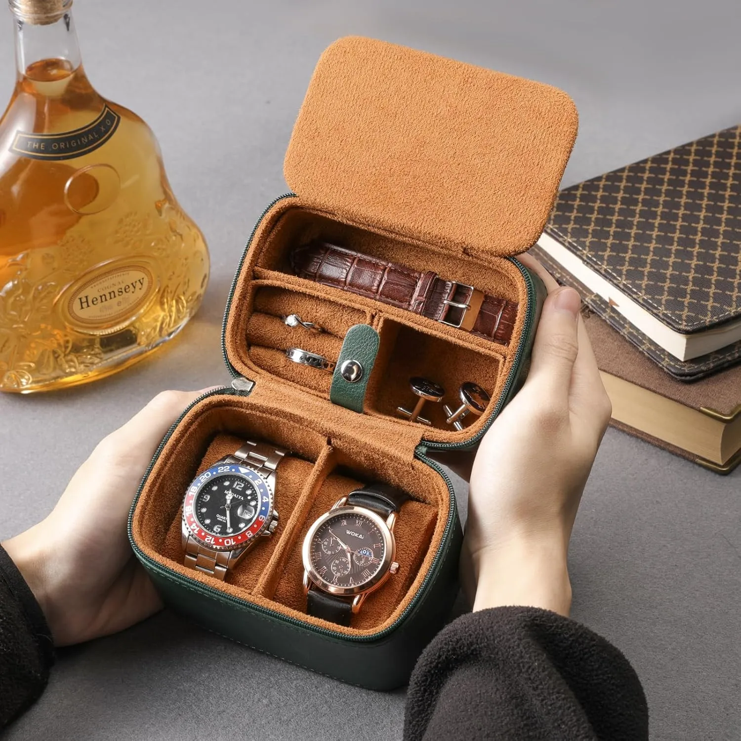 Watch Travel Case - 2 Slot Watch Case with Soft Lining and Accessories Compartment, Gift for Watch Lovers (Green & Caramel)