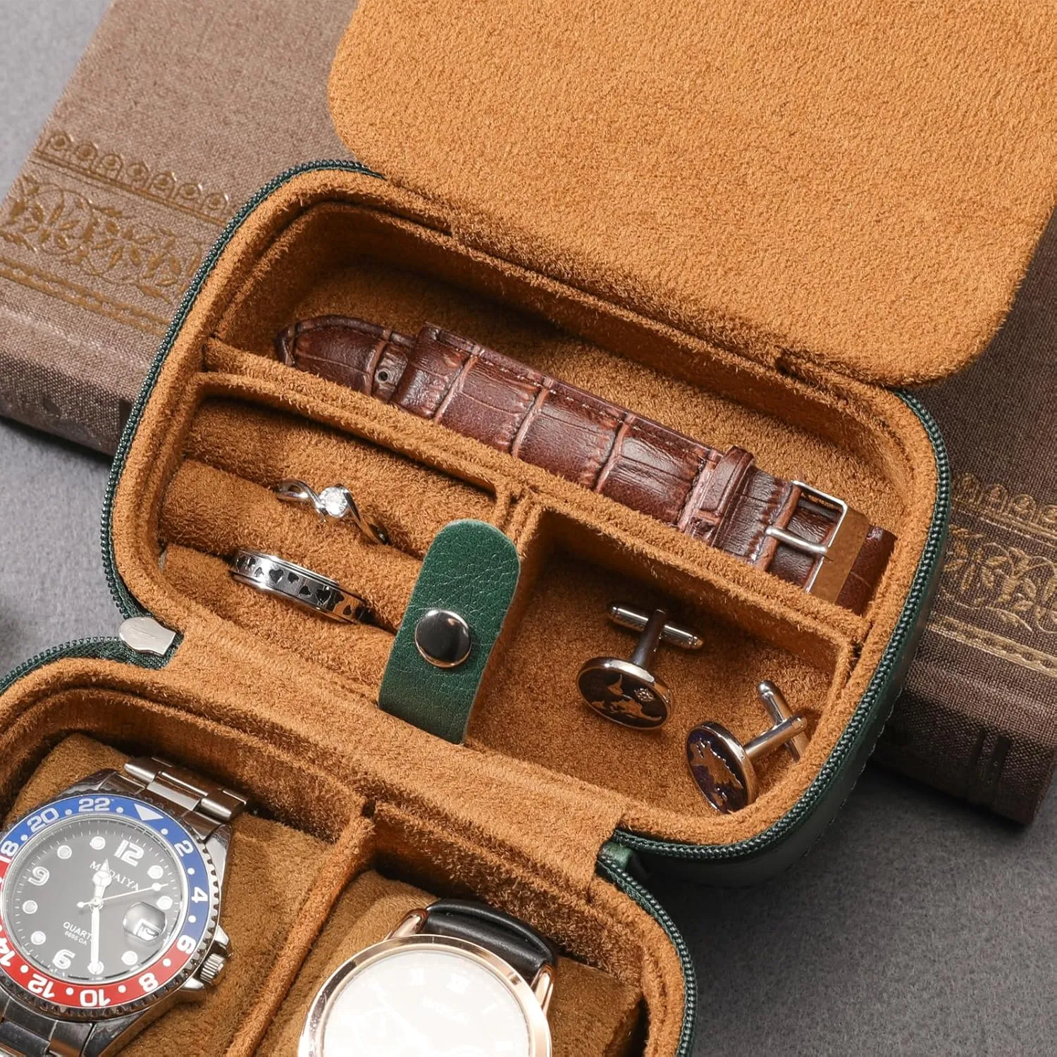 Watch Travel Case - 2 Slot Watch Case with Soft Lining and Accessories Compartment, Gift for Watch Lovers (Green & Caramel)