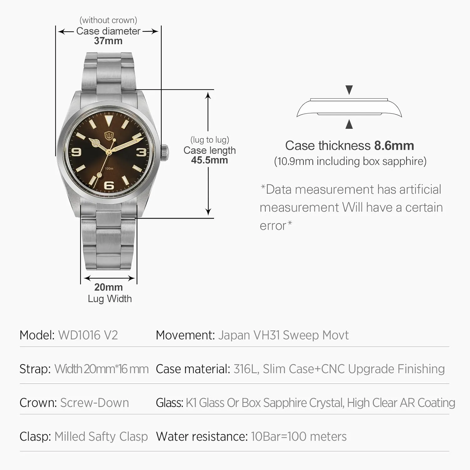 watchdives VH31 Quartz Watch, WD1016 V2 Men Watches 37mm Dial Stainless Steel Wristwatch Sweep Sports Watch 100M Waterproof