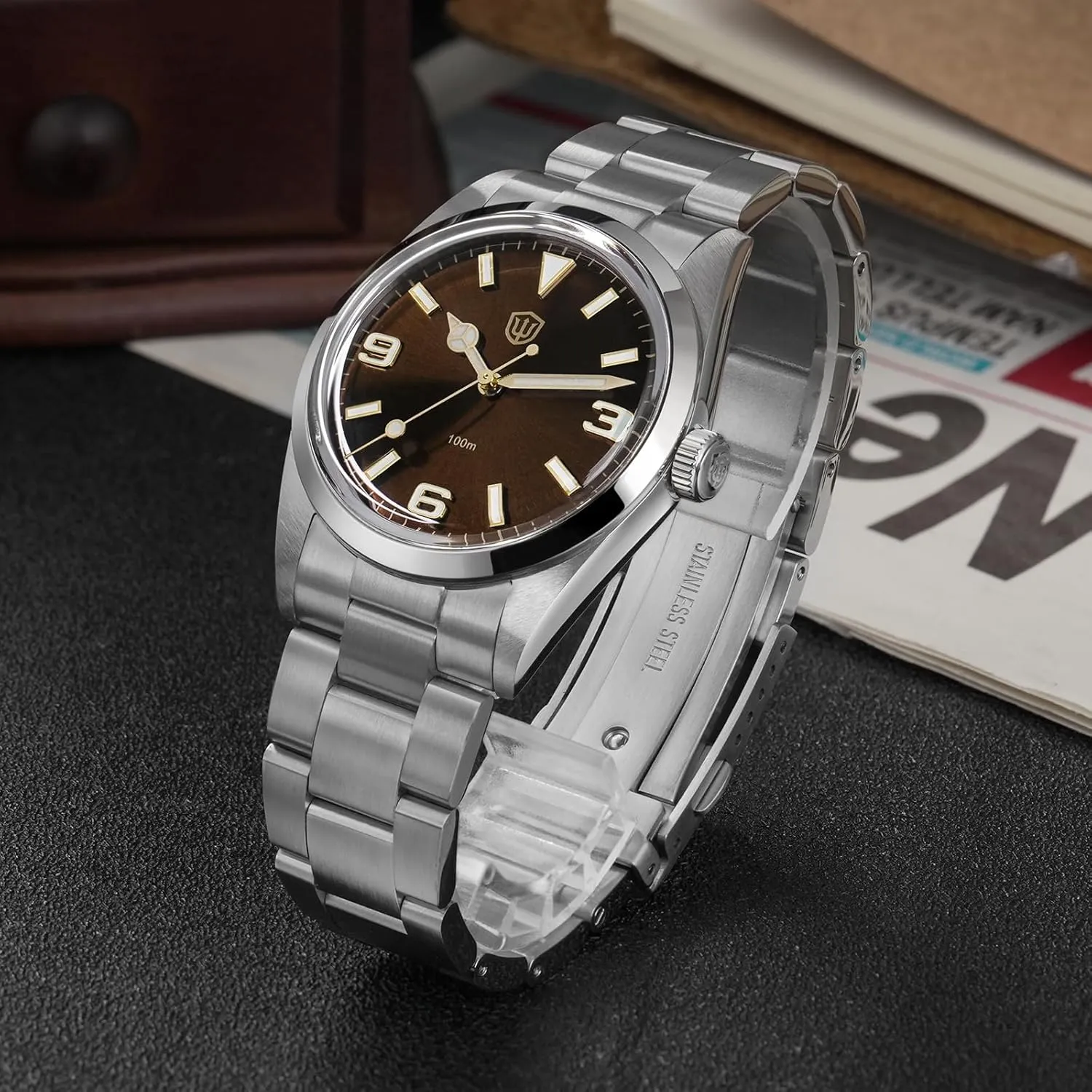 watchdives VH31 Quartz Watch, WD1016 V2 Men Watches 37mm Dial Stainless Steel Wristwatch Sweep Sports Watch 100M Waterproof