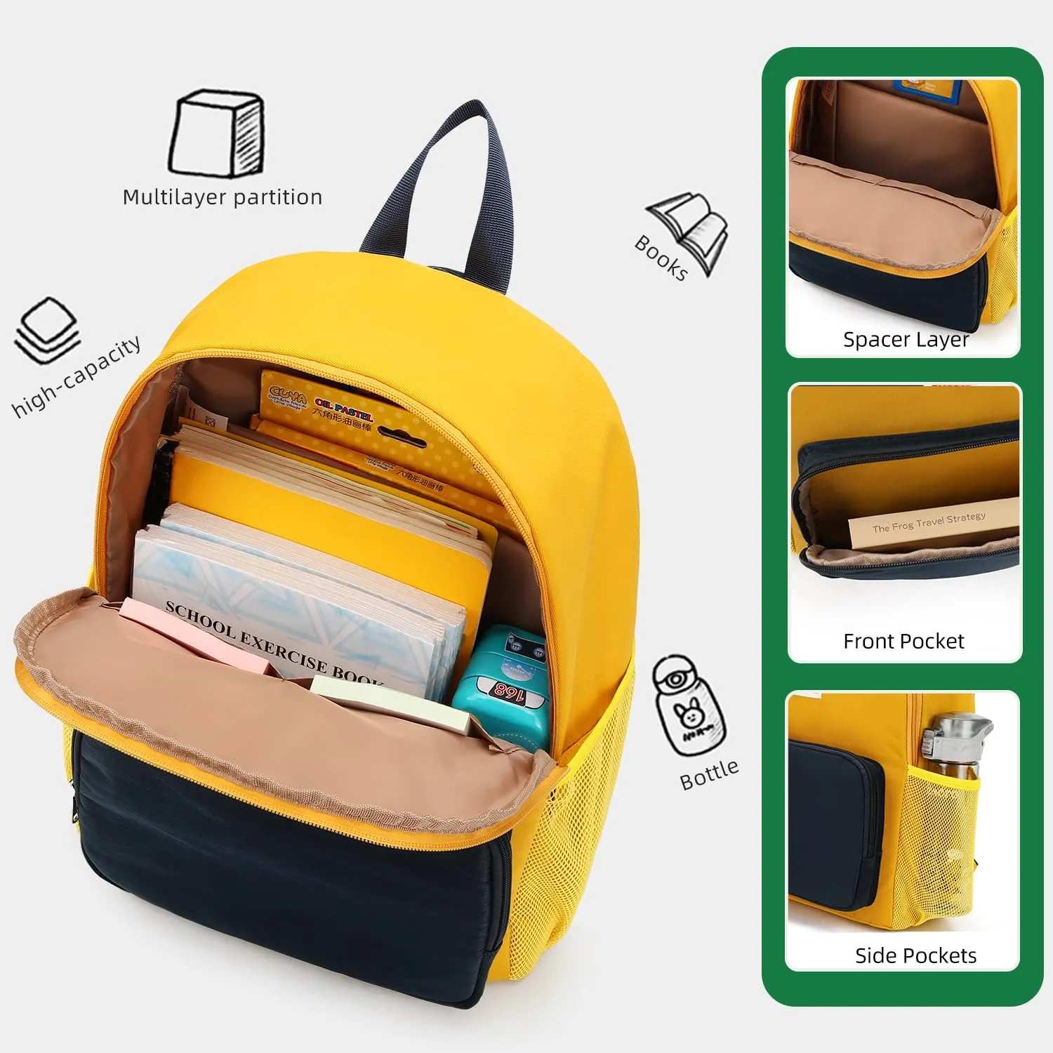 Waterproof Backpack for School Kids Backpack Bookbag Girls Boys Lightweight Travel Bag (Yellow)
