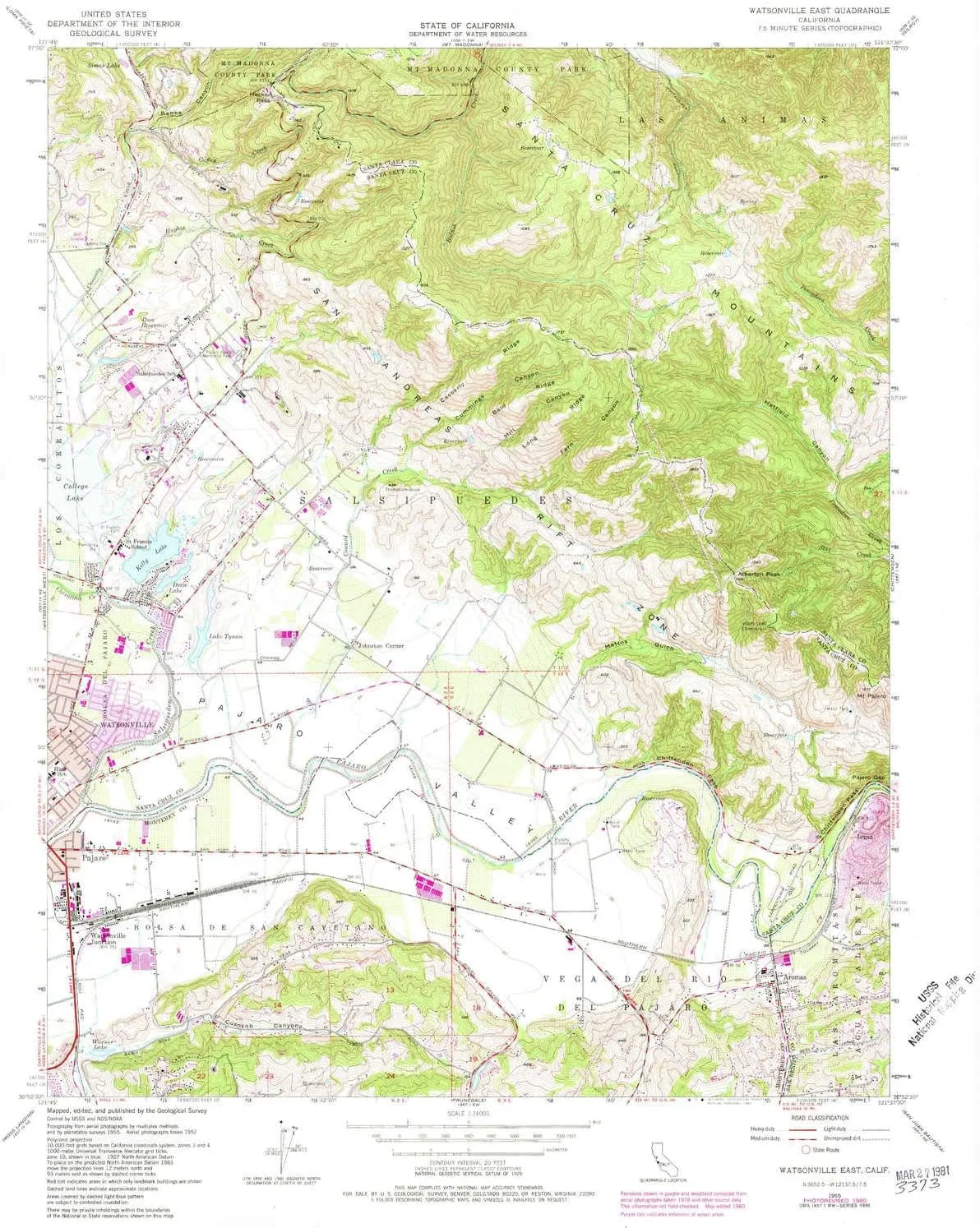 Watsonville East CA topo map, 1:24000 Scale, 7.5 X 7.5 Minute, Historical, 1955, Updated 1981, 26.7 x 22 in