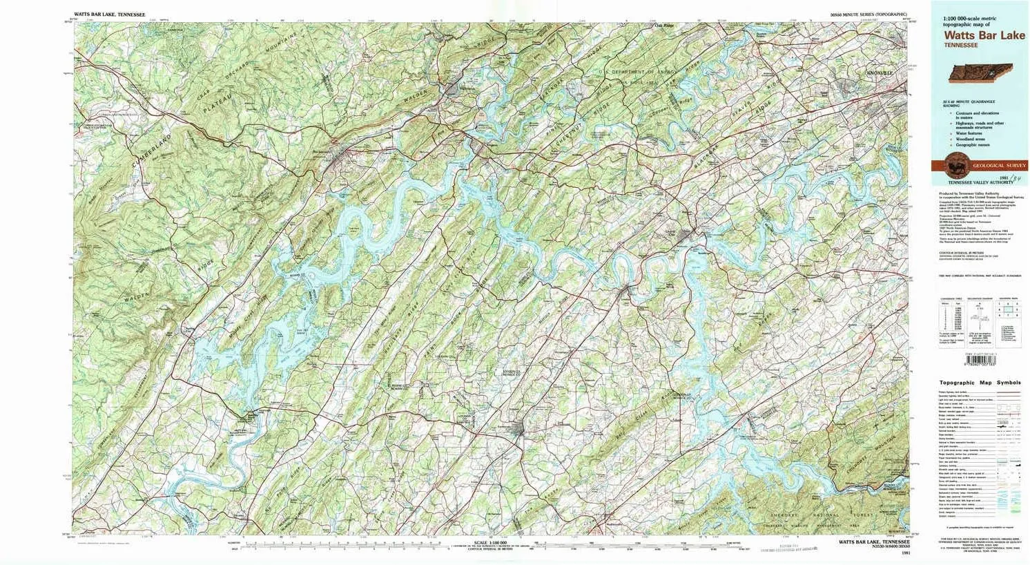 Watts Bar Lake TN topo map, 1:100000 Scale, 30 X 60 Minute, Historical, 1981, Updated 1984, 24.1 x 44.2 in