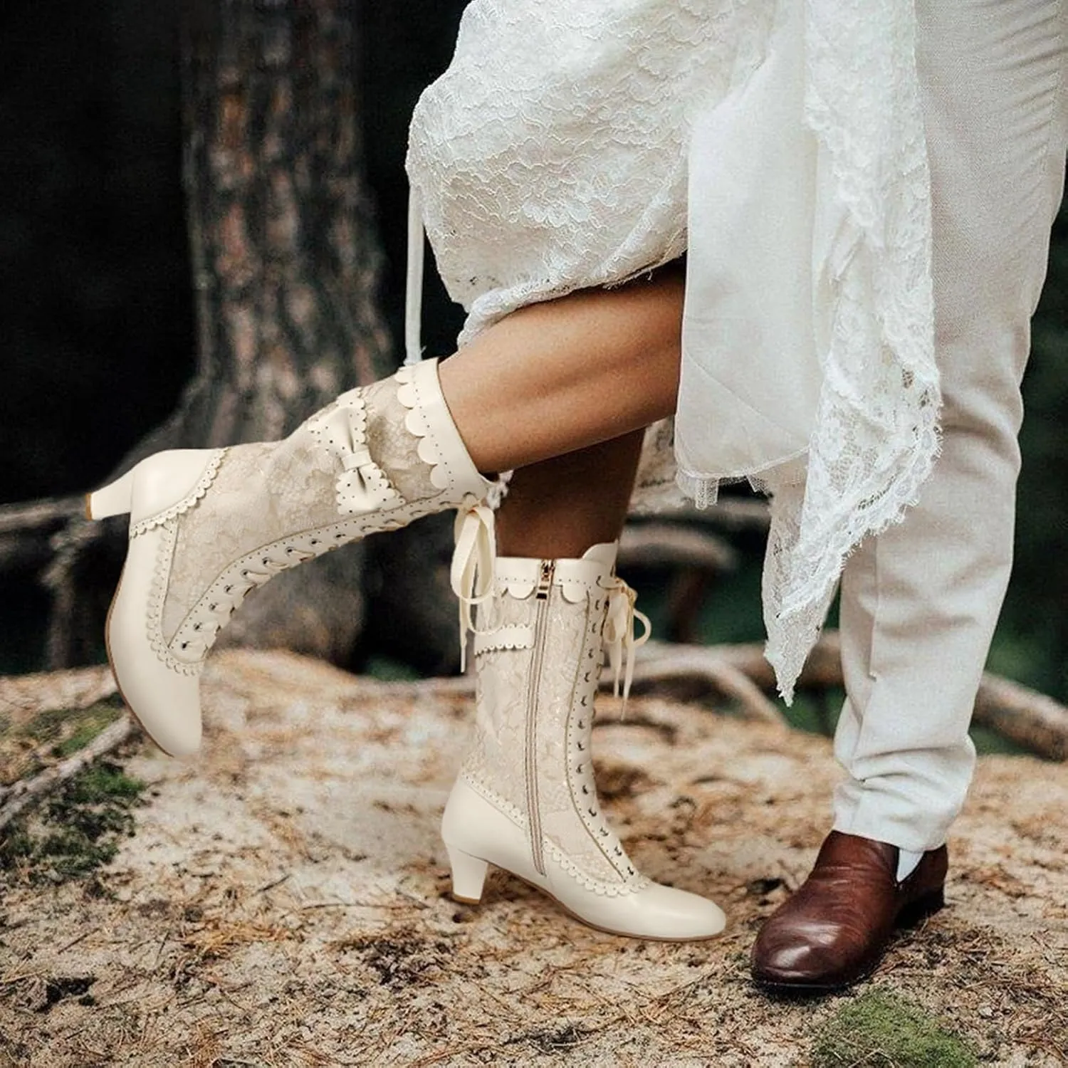 Wavyvigs Women Vintage Victorian Boots Lace Mid Calf Granny Boots Zipper Costume Renaissance Shoes Mid Heel Wedding Dress Boots