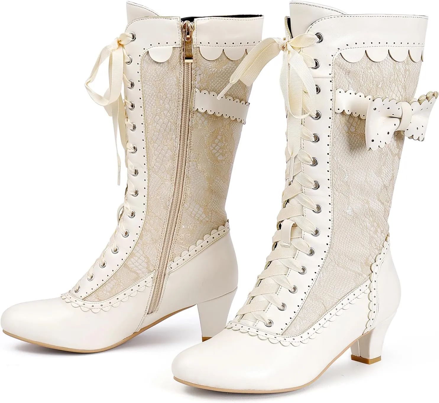 Wavyvigs Women Vintage Victorian Boots Lace Mid Calf Granny Boots Zipper Costume Renaissance Shoes Mid Heel Wedding Dress Boots