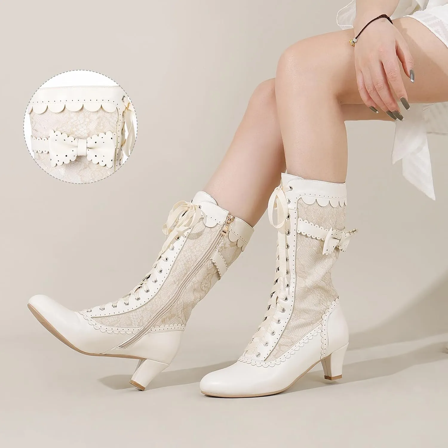 Wavyvigs Women Vintage Victorian Boots Lace Mid Calf Granny Boots Zipper Costume Renaissance Shoes Mid Heel Wedding Dress Boots