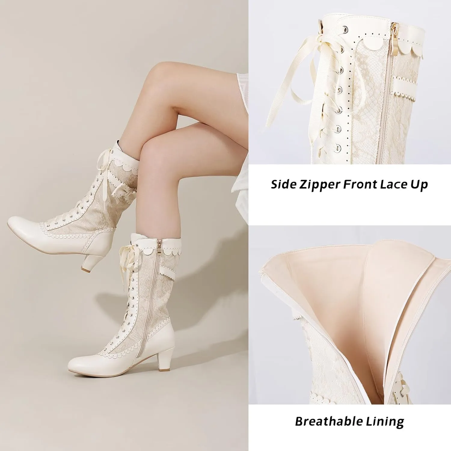 Wavyvigs Women Vintage Victorian Boots Lace Mid Calf Granny Boots Zipper Costume Renaissance Shoes Mid Heel Wedding Dress Boots