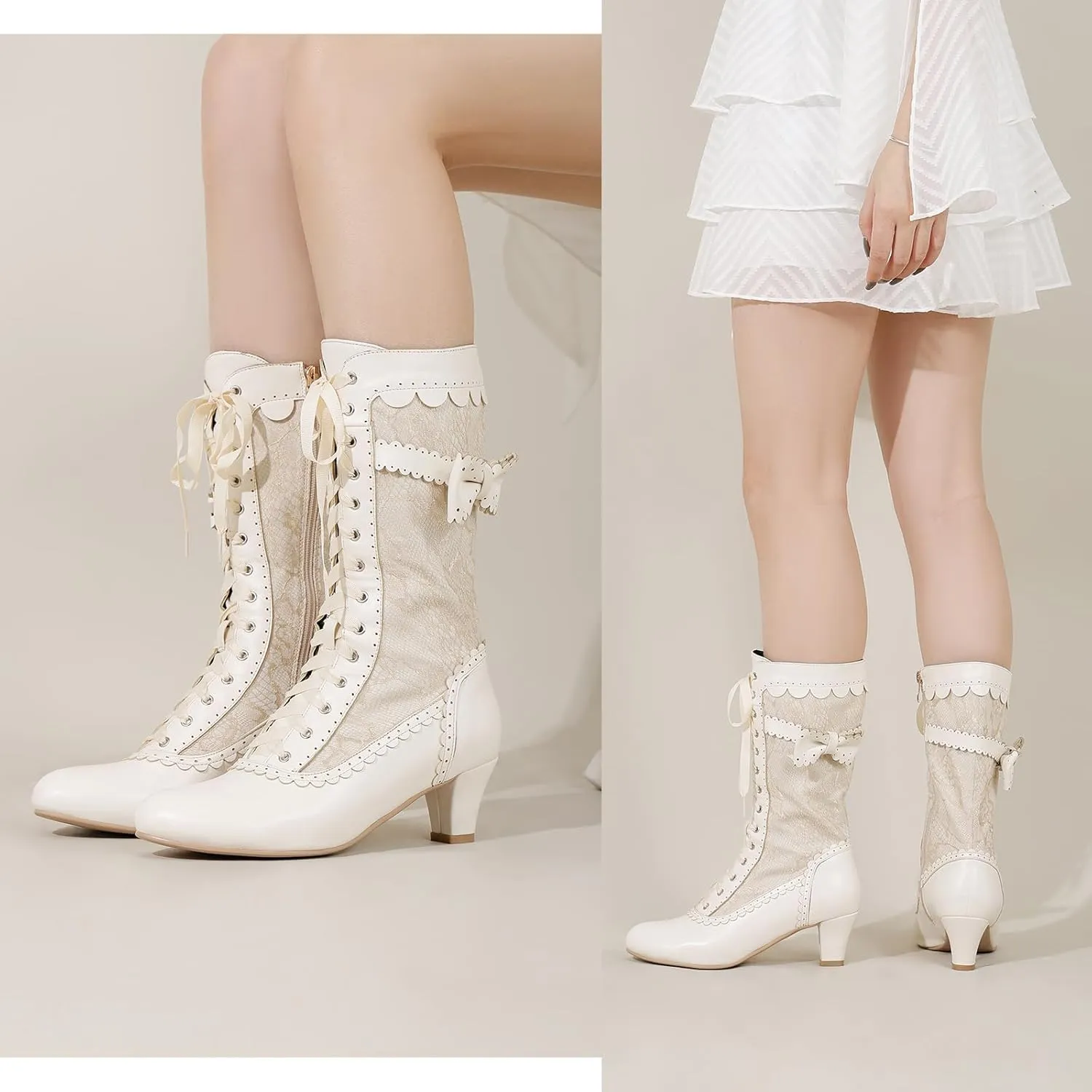 Wavyvigs Women Vintage Victorian Boots Lace Mid Calf Granny Boots Zipper Costume Renaissance Shoes Mid Heel Wedding Dress Boots