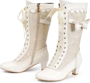 Wavyvigs Women Vintage Victorian Boots Lace Mid Calf Granny Boots Zipper Costume Renaissance Shoes Mid Heel Wedding Dress Boots