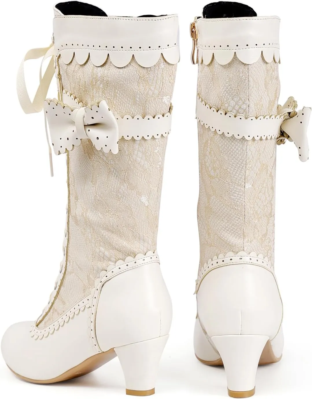 Wavyvigs Women Vintage Victorian Boots Lace Mid Calf Granny Boots Zipper Costume Renaissance Shoes Mid Heel Wedding Dress Boots