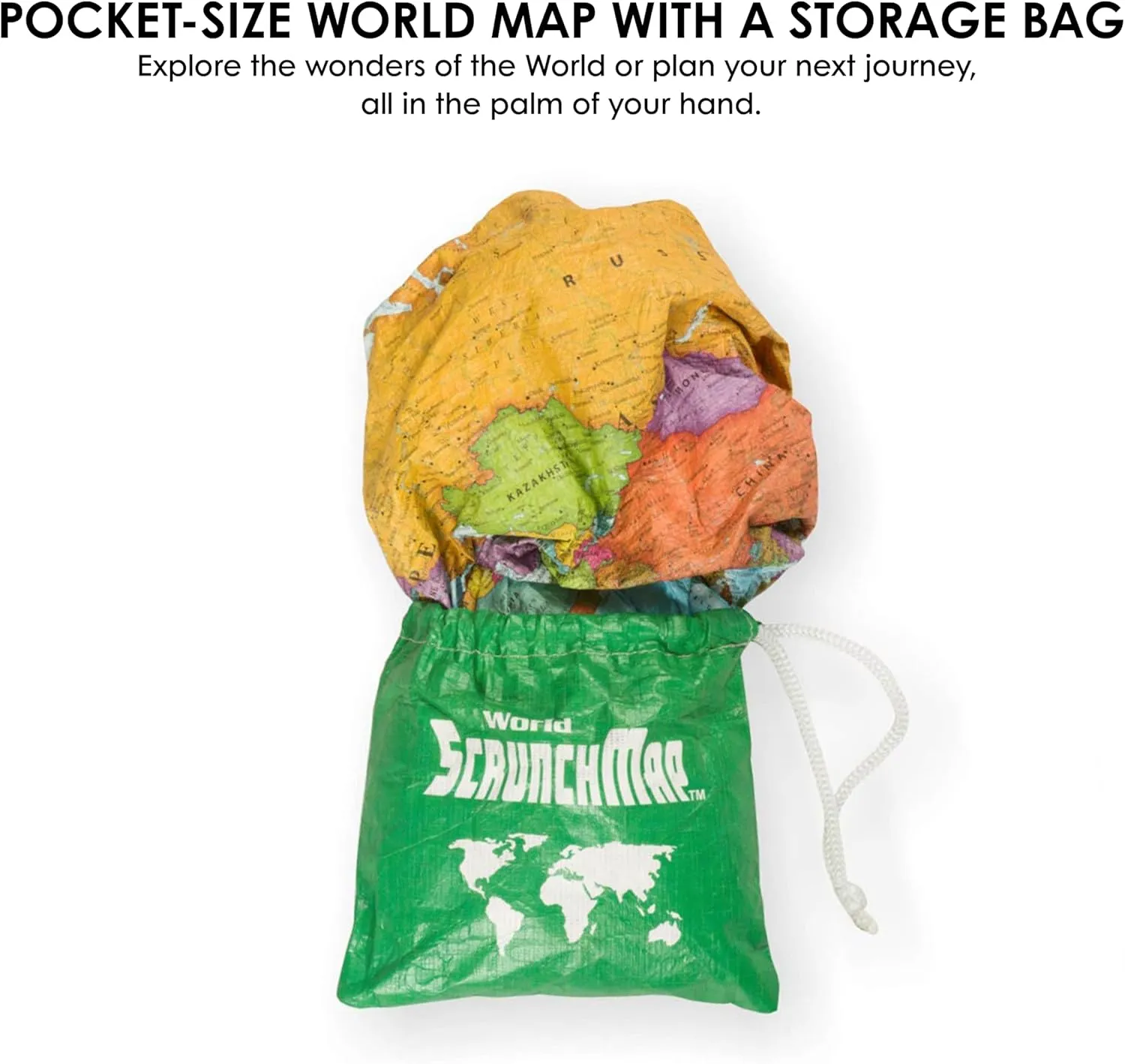 Waypoint Geographic World ScrunchMap, Portable, Easy-to-Store Map of the World, Water and Tear-Resistant Map, Eco-Conscious Unique Gifts, Storage Bag Included, 24" H x 36" W