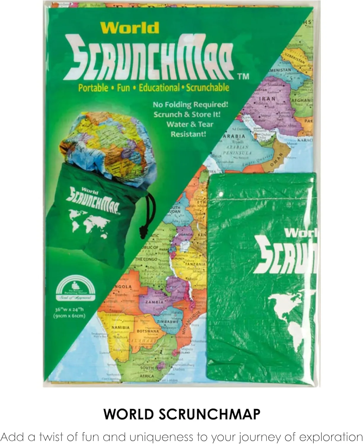 Waypoint Geographic World ScrunchMap, Portable, Easy-to-Store Map of the World, Water and Tear-Resistant Map, Eco-Conscious Unique Gifts, Storage Bag Included, 24" H x 36" W