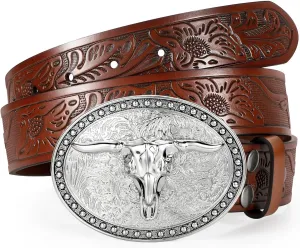 Western Belts for Men Women, Cowboy Cowgirl Belt Embossed Western Country Leather Belts for Jeans