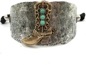 Western Peak Hammered Plate Cowboy Boot Spur Turquoise Stone Leather Cuff Bracelet