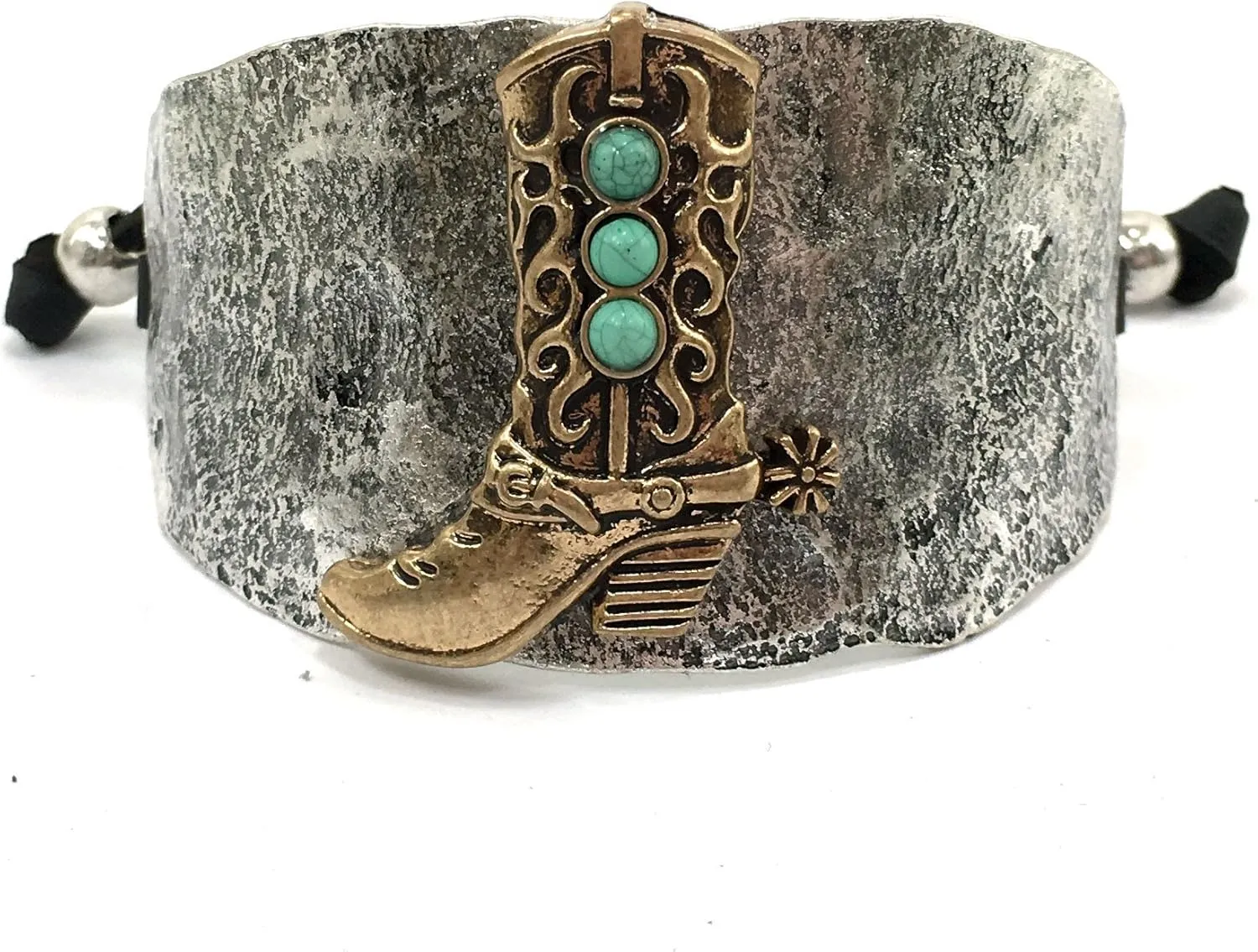 Western Peak Hammered Plate Cowboy Boot Spur Turquoise Stone Leather Cuff Bracelet