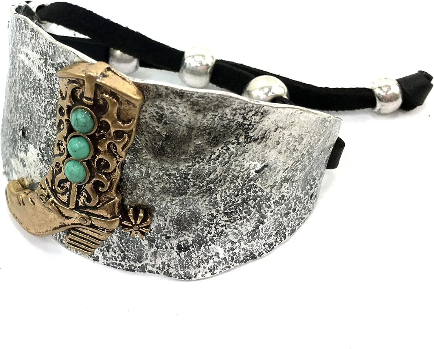 Western Peak Hammered Plate Cowboy Boot Spur Turquoise Stone Leather Cuff Bracelet