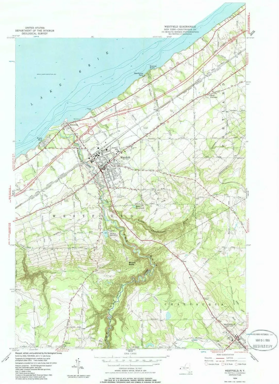 Westfield NY topo map, 1:24000 Scale, 7.5 X 7.5 Minute, Historical, 1954, Updated 1985, 28.4 x 20.6 in