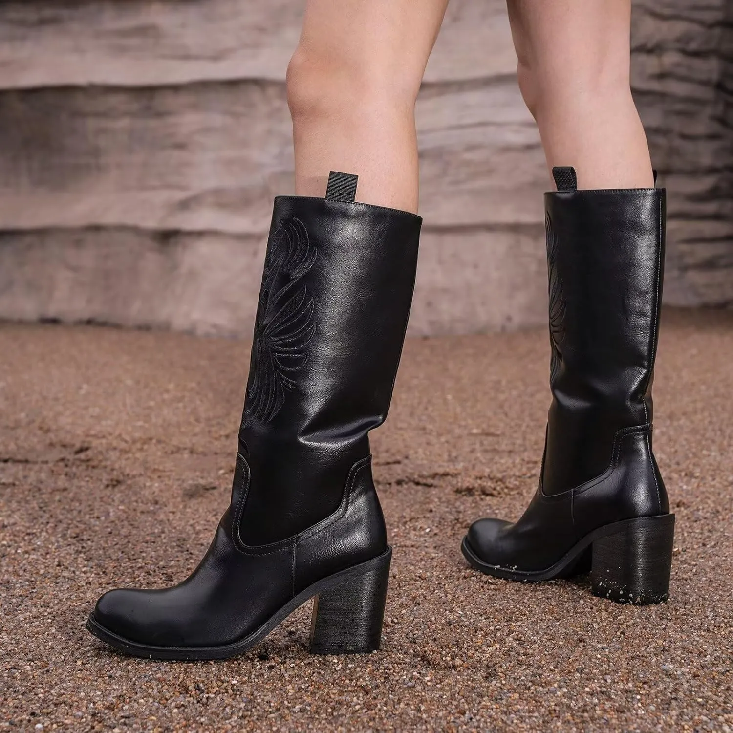 wetkiss Brown Cowboy Boots for Women Wide Mid Calf Western Cowgirl Chunky Boots Round Toe Pull On Casual Holiday Party Daily Shoes