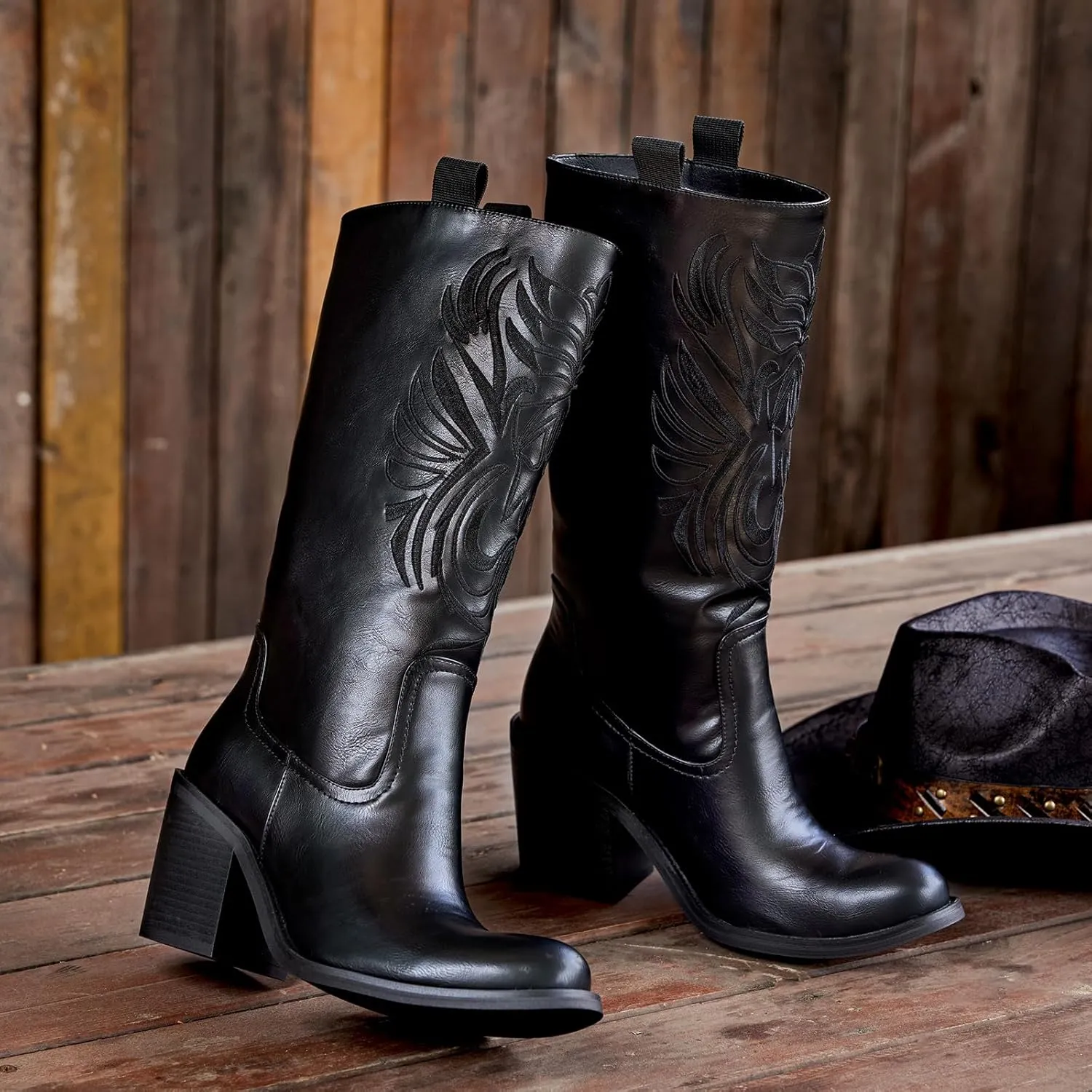 wetkiss Brown Cowboy Boots for Women Wide Mid Calf Western Cowgirl Chunky Boots Round Toe Pull On Casual Holiday Party Daily Shoes
