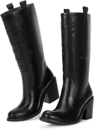 wetkiss Brown Cowboy Boots for Women Wide Mid Calf Western Cowgirl Chunky Boots Round Toe Pull On Casual Holiday Party Daily Shoes