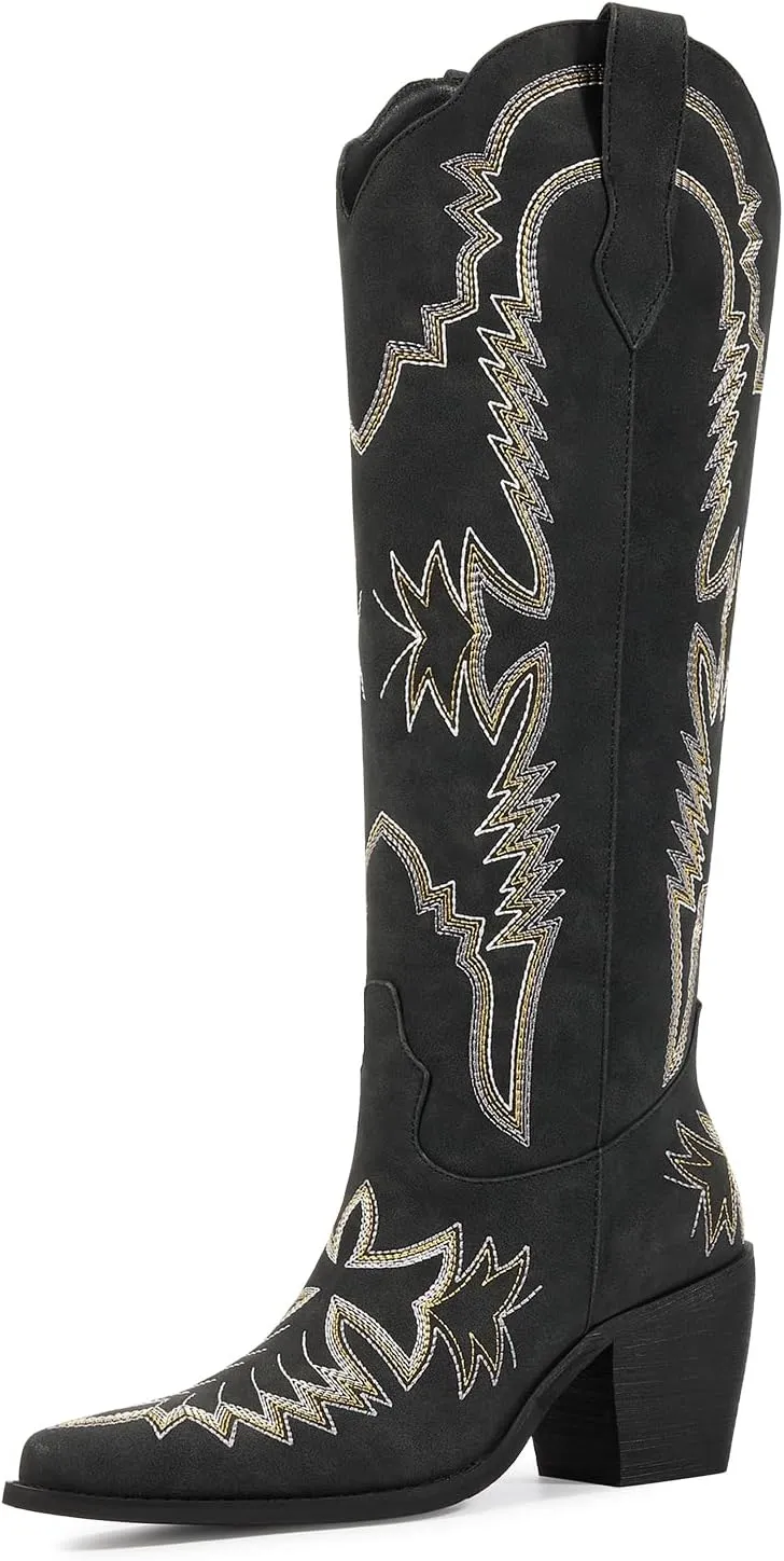 wetkiss Cowboy Boots for Women Embroidered Knee High Cowgirl Boots Womens Retro Western Boots Pull on Tall Boots with Chunky Heel Pointed Toe