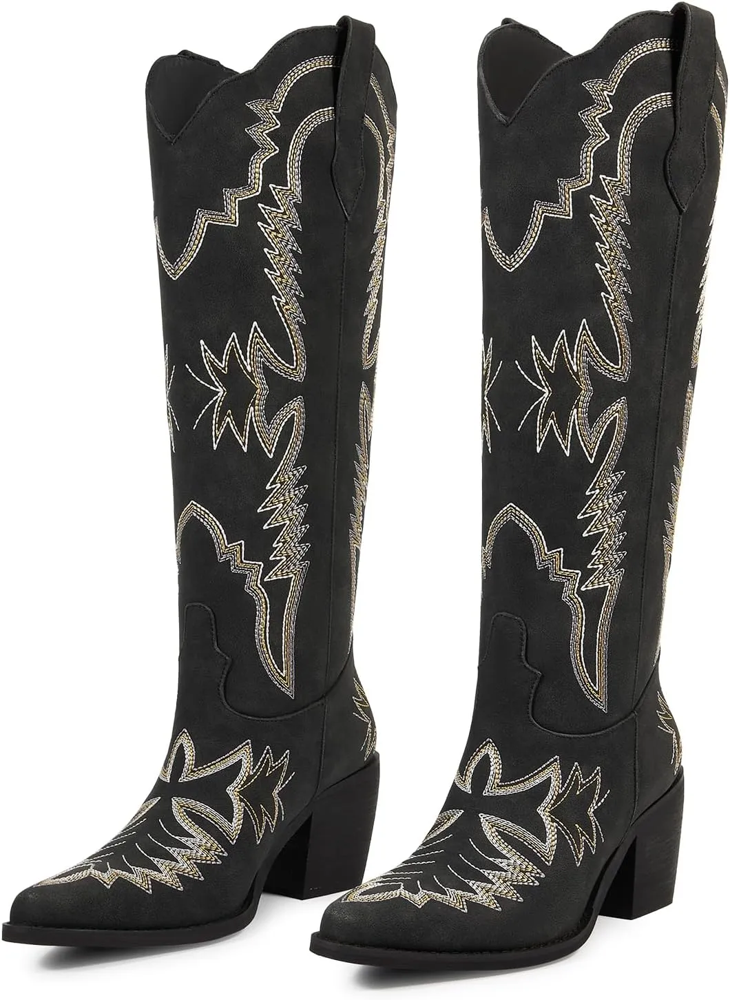 wetkiss Cowboy Boots for Women Embroidered Knee High Cowgirl Boots Womens Retro Western Boots Pull on Tall Boots with Chunky Heel Pointed Toe