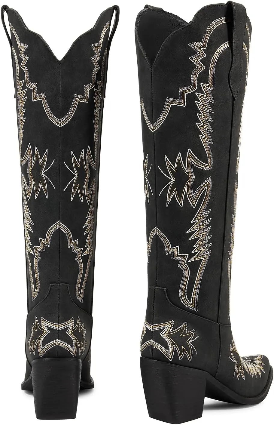 wetkiss Cowboy Boots for Women Embroidered Knee High Cowgirl Boots Womens Retro Western Boots Pull on Tall Boots with Chunky Heel Pointed Toe