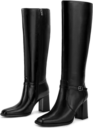 wetkiss Knee High Boots Chunky Heel Boots for Women Ankle Strap High Heel Long Boots with Square Toe and Side Zipper