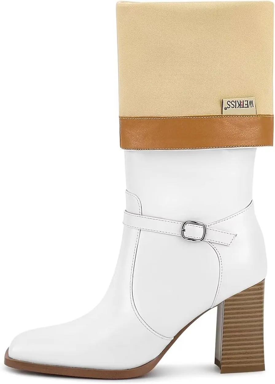 wetkiss Knee High Boots Chunky Heel Boots for Women Ankle Strap High Heel Long Boots with Square Toe and Side Zipper