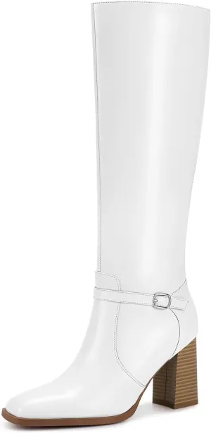 wetkiss Knee High Boots Chunky Heel Boots for Women Ankle Strap High Heel Long Boots with Square Toe and Side Zipper