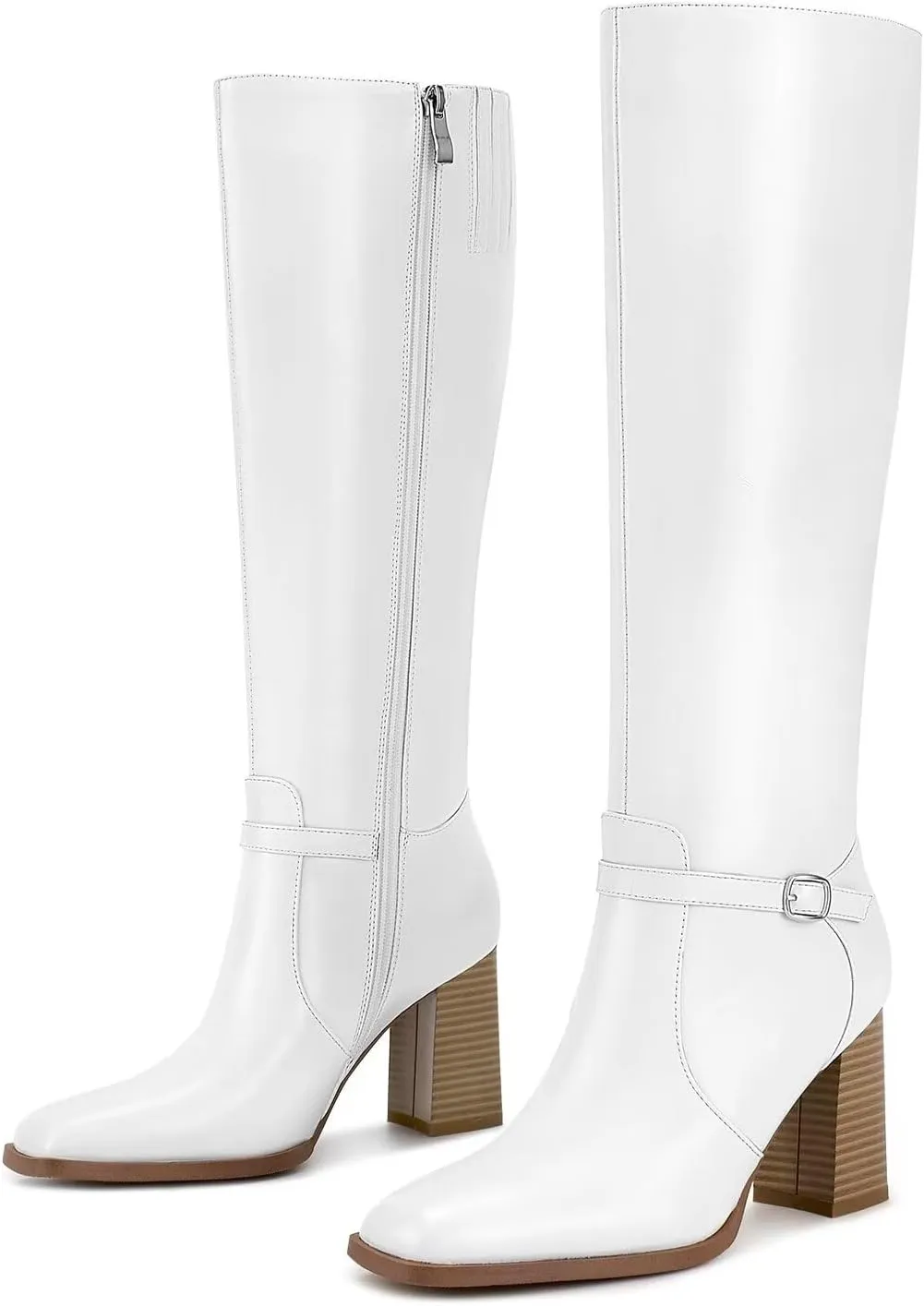 wetkiss Knee High Boots Chunky Heel Boots for Women Ankle Strap High Heel Long Boots with Square Toe and Side Zipper