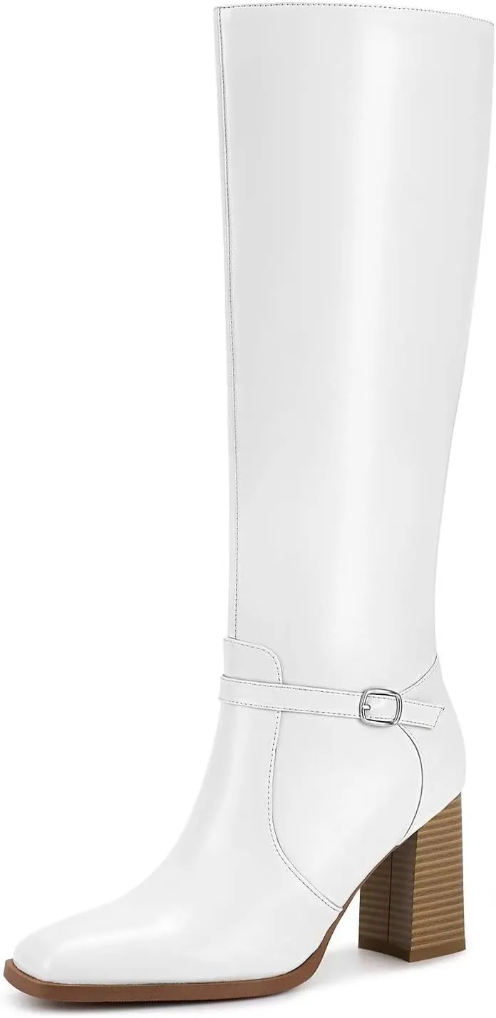 wetkiss Knee High Boots Chunky Heel Boots for Women Ankle Strap High Heel Long Boots with Square Toe and Side Zipper