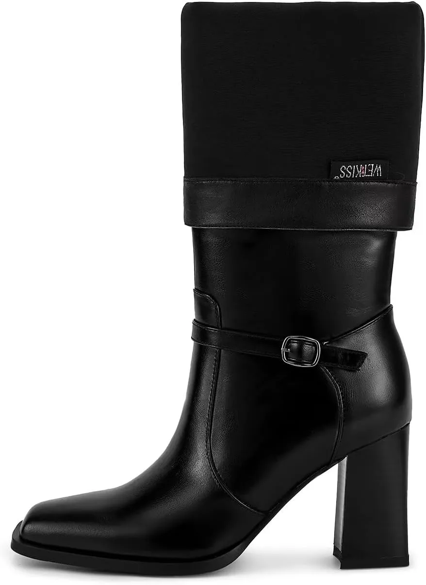 wetkiss Knee High Boots Chunky Heel Boots for Women Ankle Strap High Heel Long Boots with Square Toe and Side Zipper