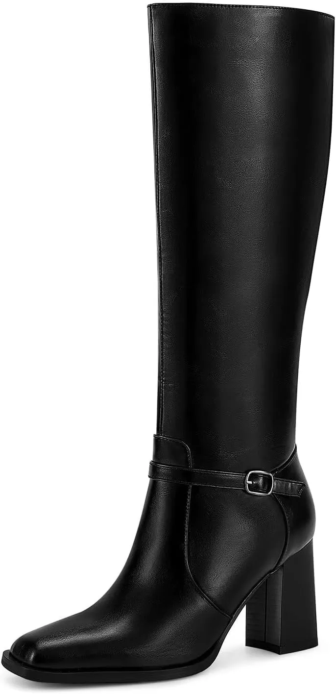 wetkiss Knee High Boots Chunky Heel Boots for Women Ankle Strap High Heel Long Boots with Square Toe and Side Zipper