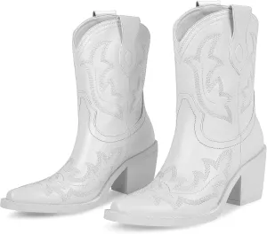 wetkiss White Cowboy Boots for Women Cowgirl Western Boots Embroidery Chunky Heels Comfortable and Stylish White,Size 8