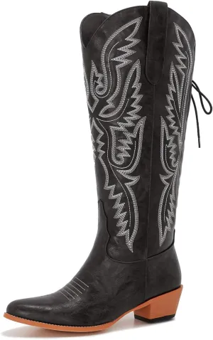 Wide Calf Cowboy Boots Women Adjustable Lace Up Knee High Tall Plus Size Cowgirl Boots Western Style Comfortable 2-Inch Heel