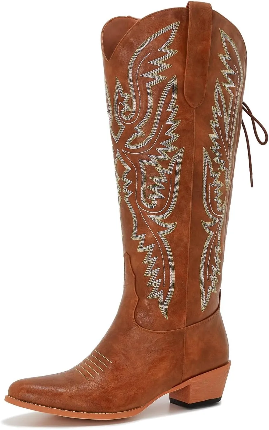 Wide Calf Cowboy Boots Women Adjustable Lace Up Knee High Tall Plus Size Cowgirl Boots Western Style Comfortable 2-Inch Heel