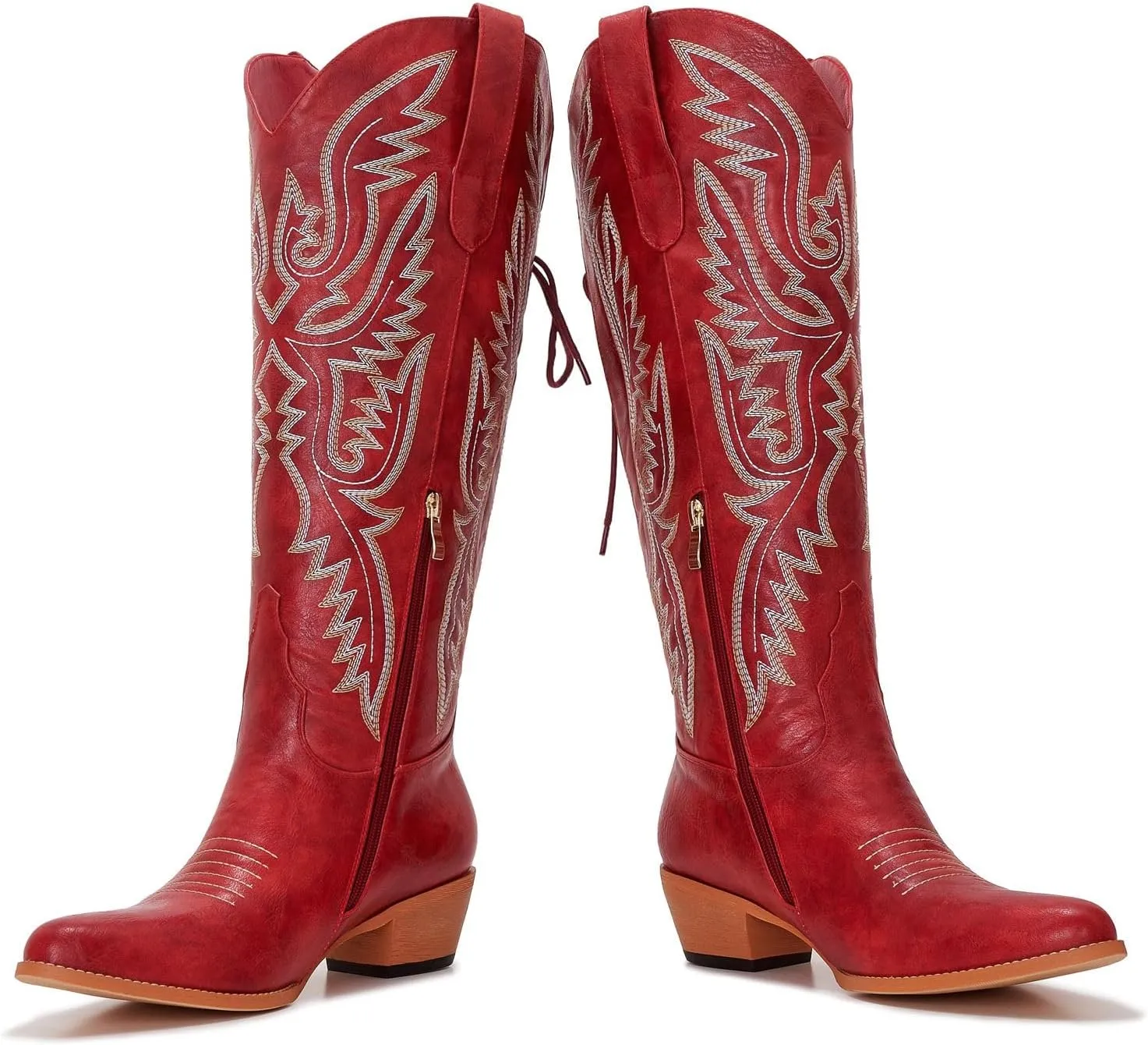 Wide Calf Cowboy Boots Women Adjustable Lace Up Knee High Tall Plus Size Cowgirl Boots Western Style Comfortable 2-Inch Heel